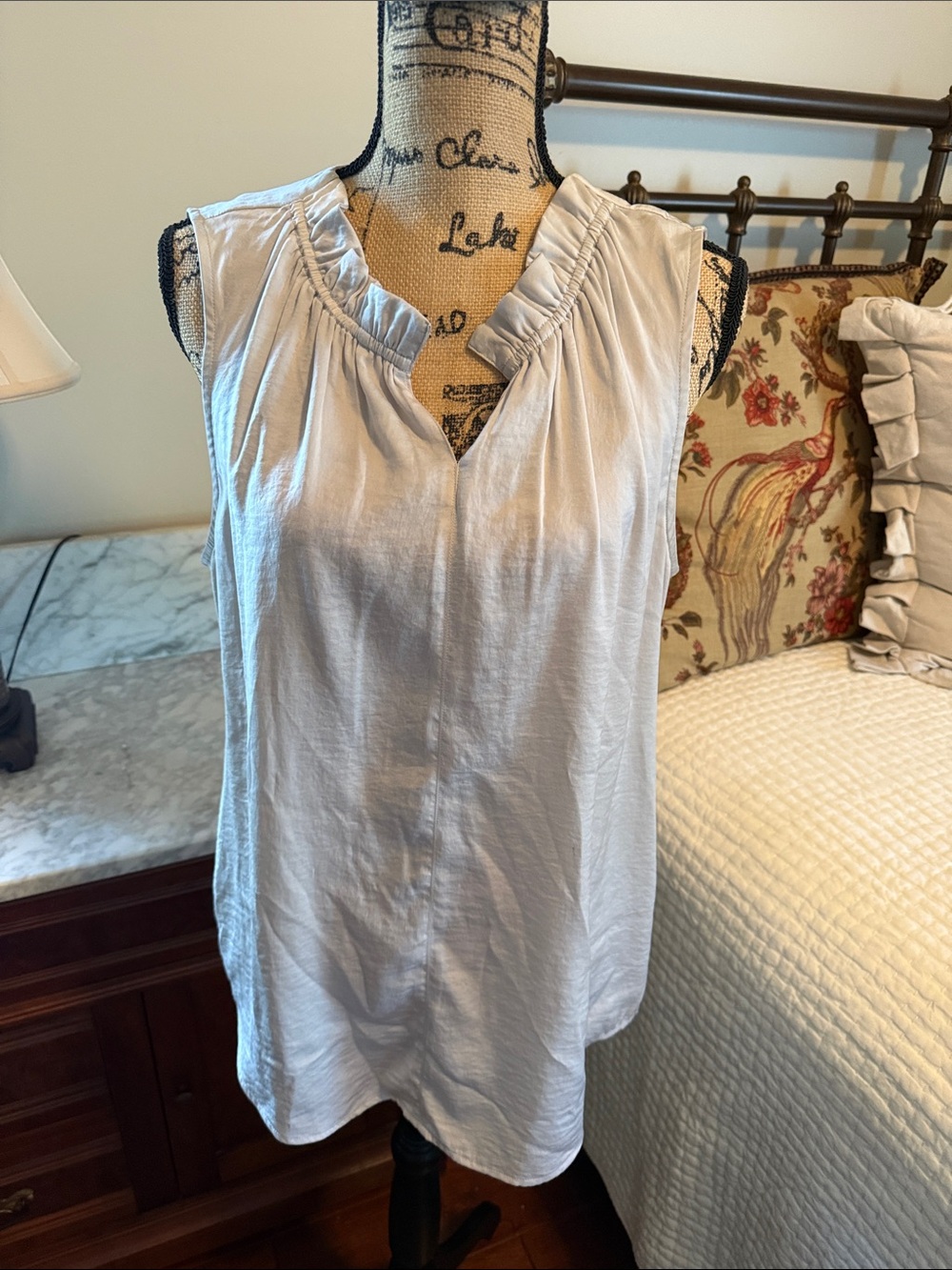 CAbi Light Gray Sleeveless Gathered Neck Blouse